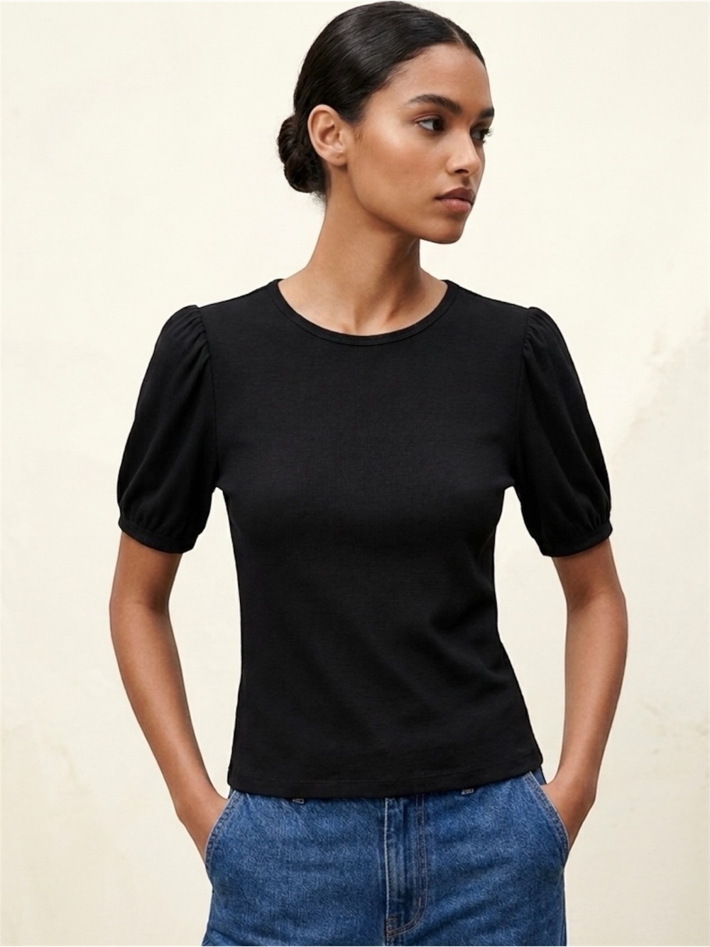 Zara Black Ribbed Puff Sleeve Top Size M Y2K Scallop Hem Balloon Sleeve Fitted